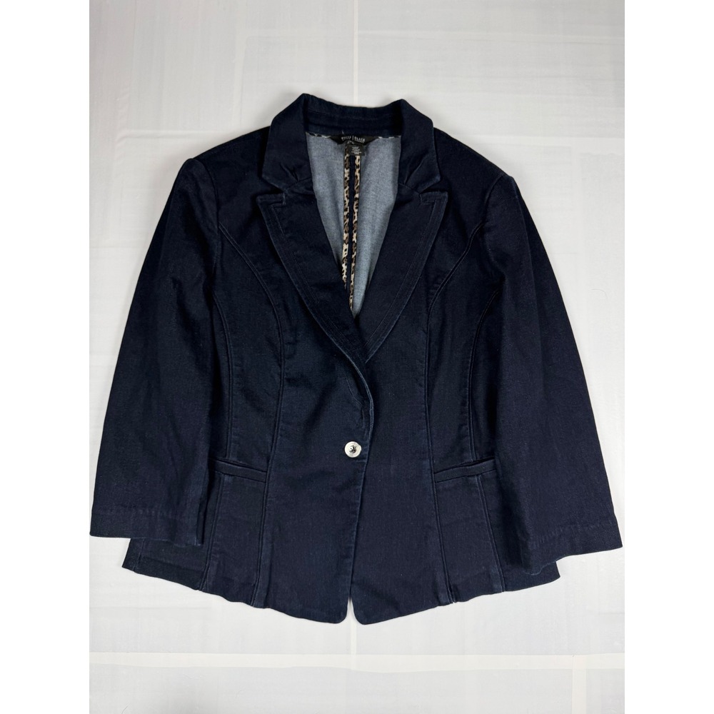 White House Black Market Dark Wash Denim Blazer 3/4 Sleeve Size 12 Indigo Blue